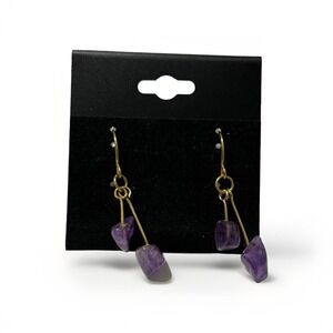 Natural Amethyst Chip Dangle Earrings 1.5" Gold Tone Minimalist Boho Jewelry